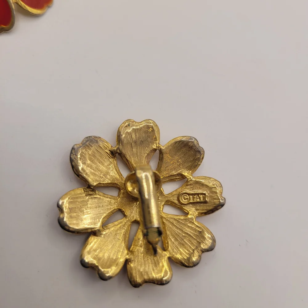 Red Gold-Tone Flower Enamel Clip Earrings